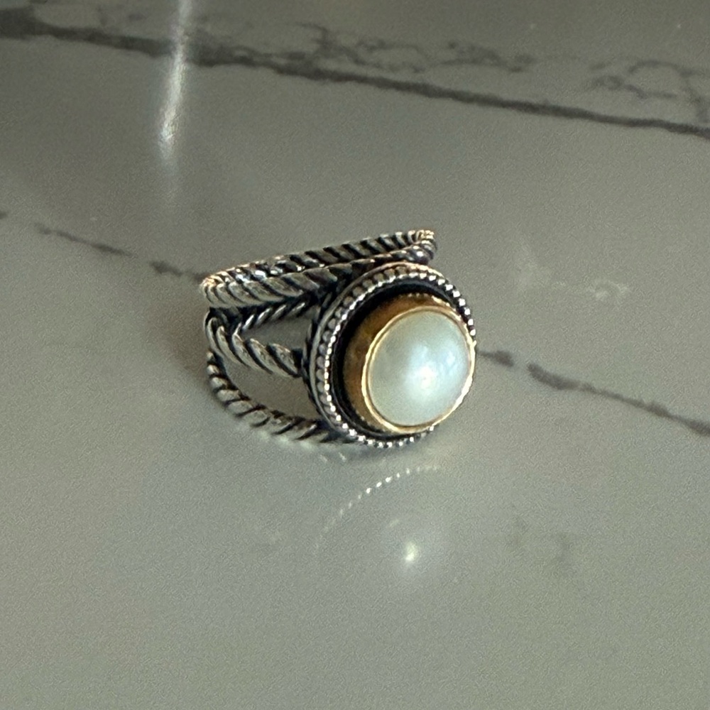 James Avery Silver and Gold Ring with Pearl Marjan Gemstone Ring - LIKE NEW!